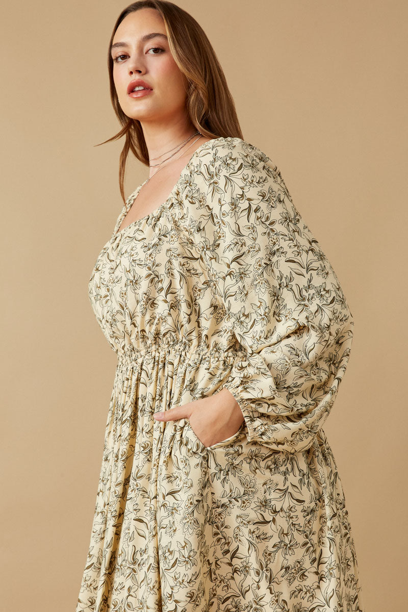 HK1506W Stone Plus Floral Border Print Smocked Square Neck Dress Gif