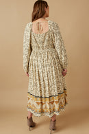 HK1506W Stone Plus Floral Border Print Smocked Square Neck Dress Detail