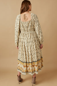 HK1506W Stone Plus Floral Border Print Smocked Square Neck Dress Detail