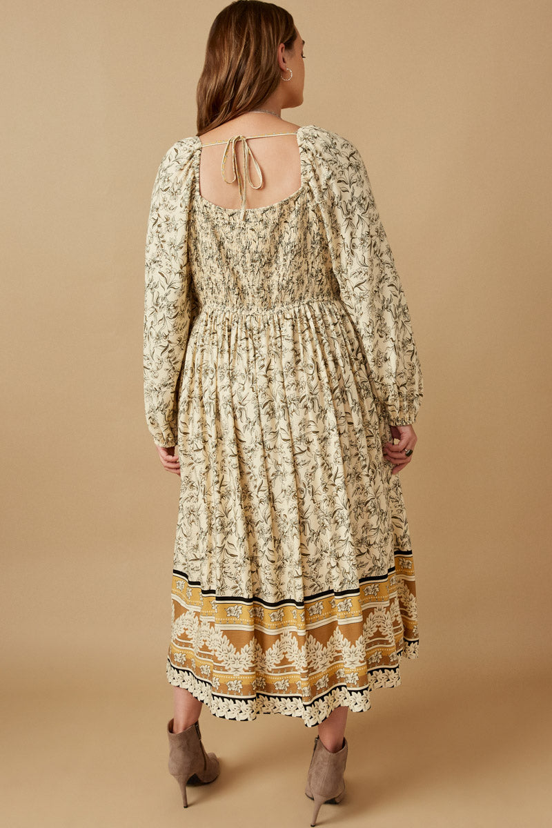 HK1506W Stone Plus Floral Border Print Smocked Square Neck Dress Detail