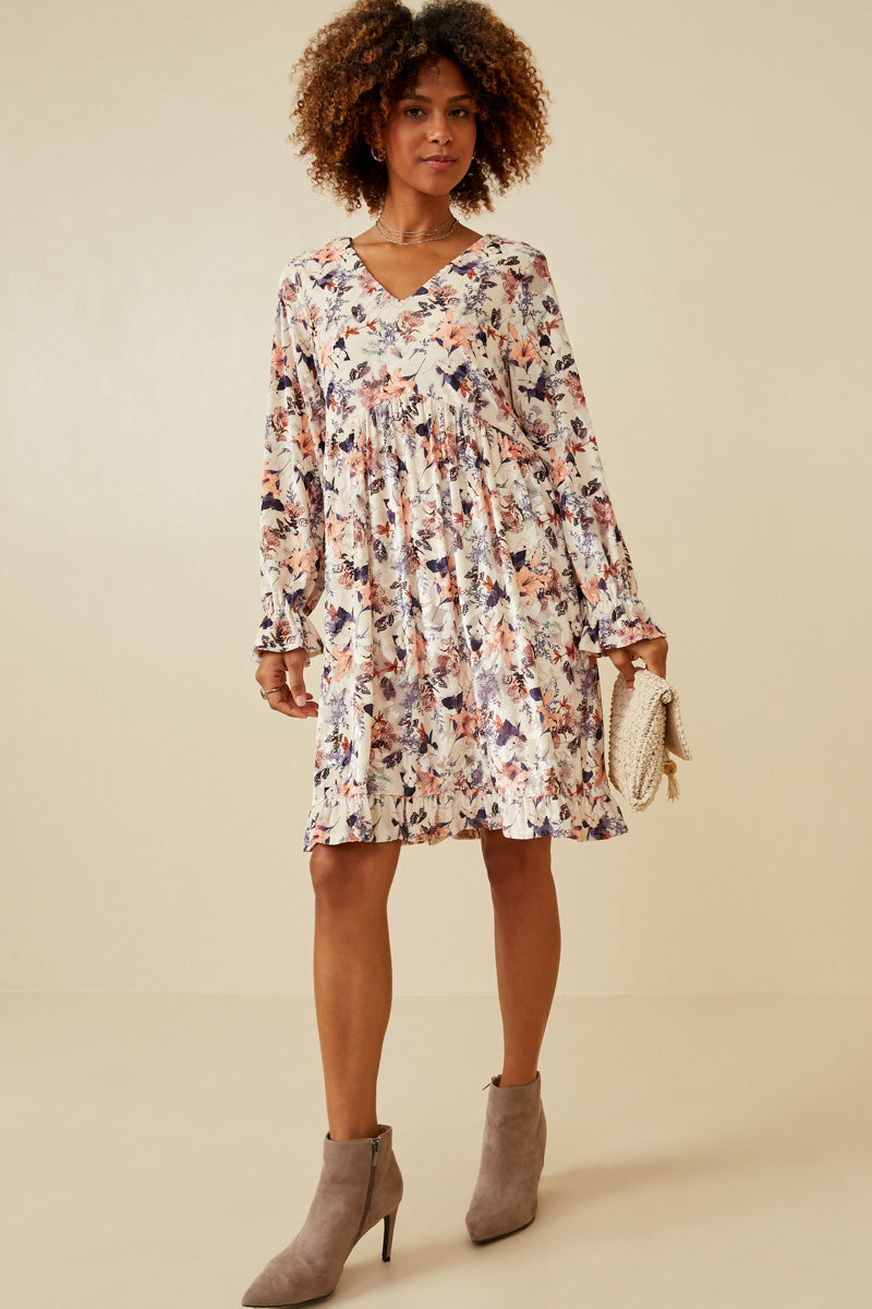 HK1545 CREAM Womens Floral Texured Burnout Velvet Dress Side