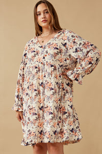 HK1545 CREAM Womens Floral Texured Burnout Velvet Dress Front