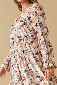 HK1545W Cream Plus Floral Texured Burnout Velvet Dress Full Body