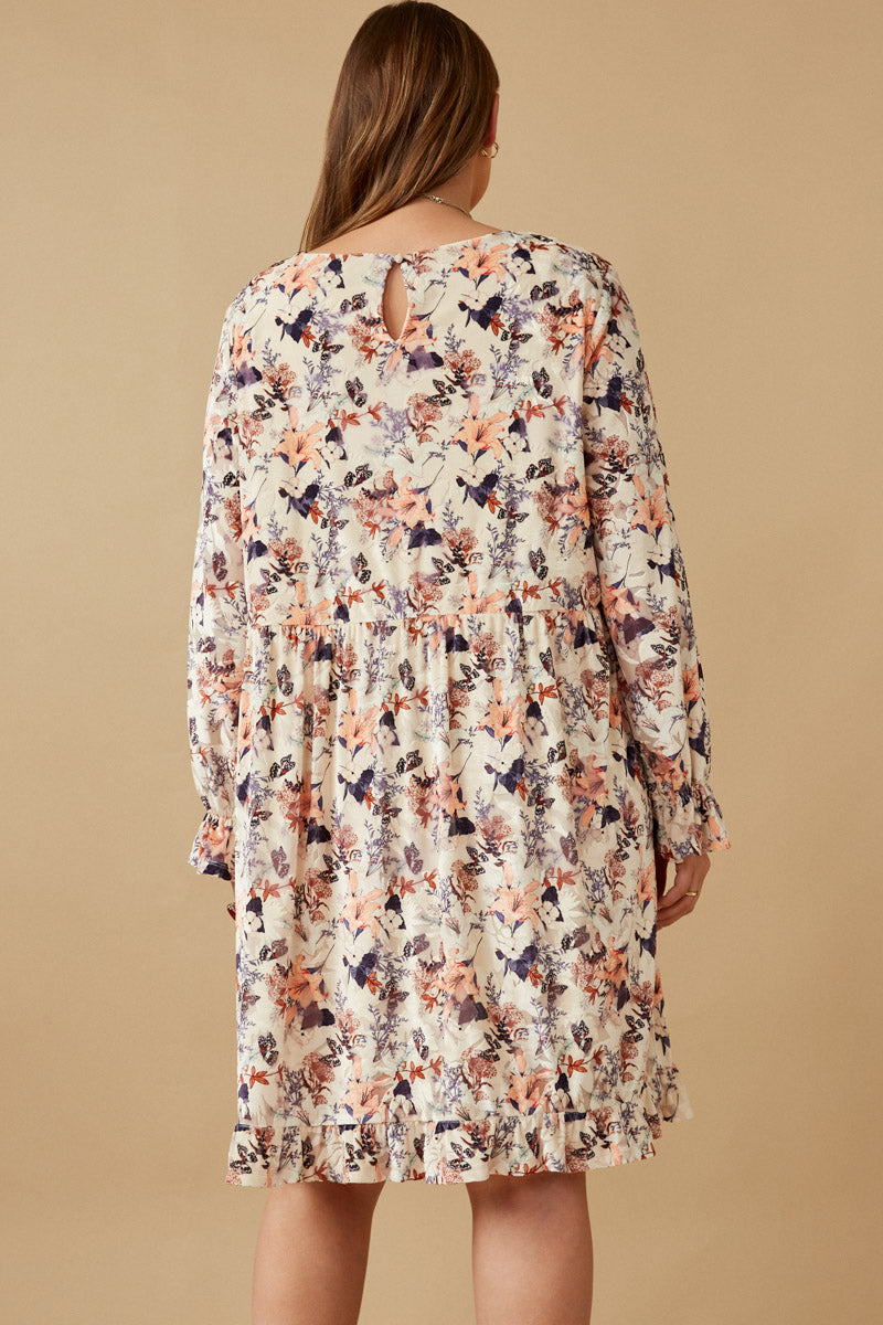 HK1545W Cream Plus Floral Texured Burnout Velvet Dress Detail