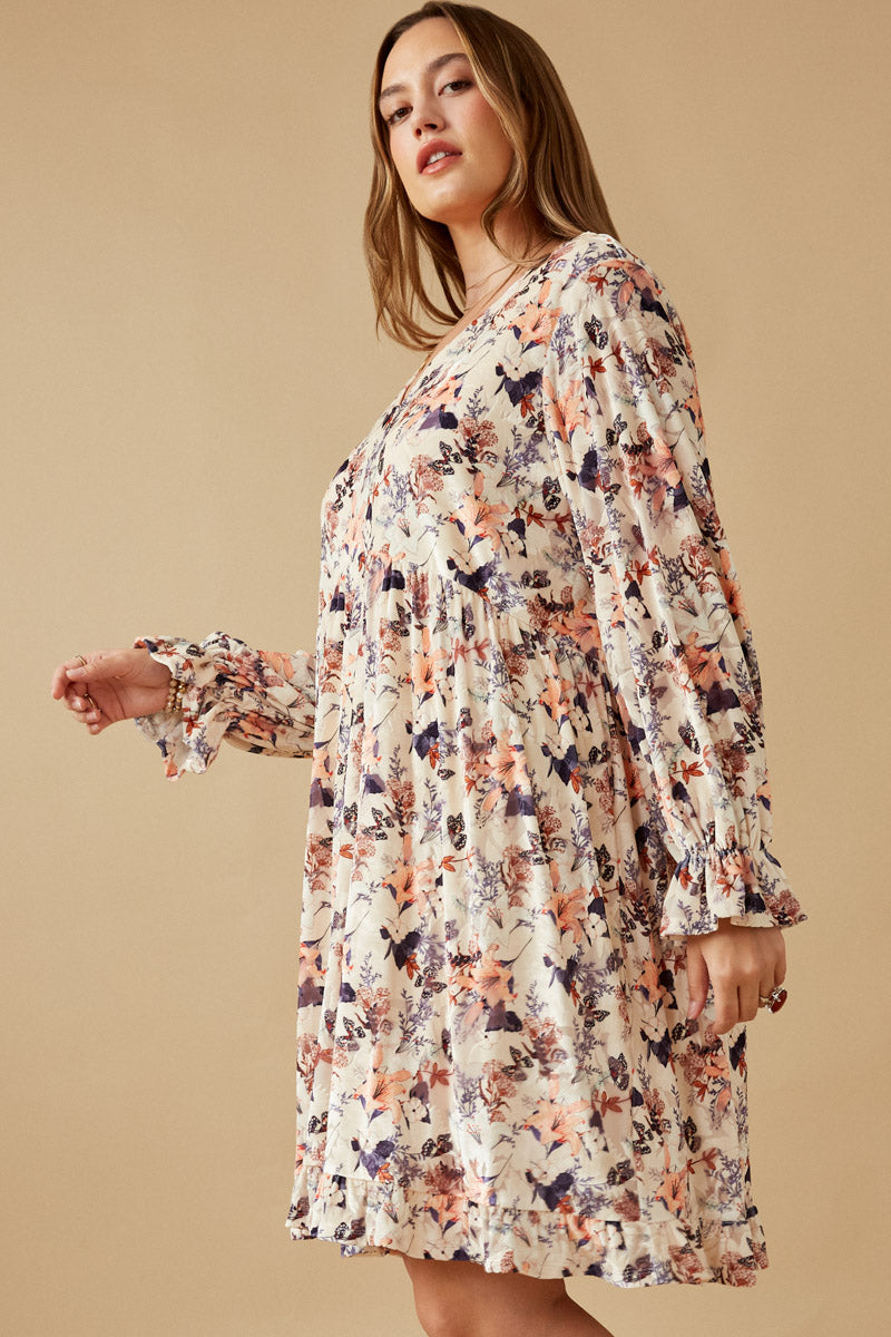 HK1545W Cream Plus Floral Texured Burnout Velvet Dress Back