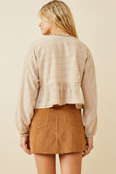 HK1550 BEIGE Womens Textured Stripe Dolman Cut Baby doll Button Up Top Back