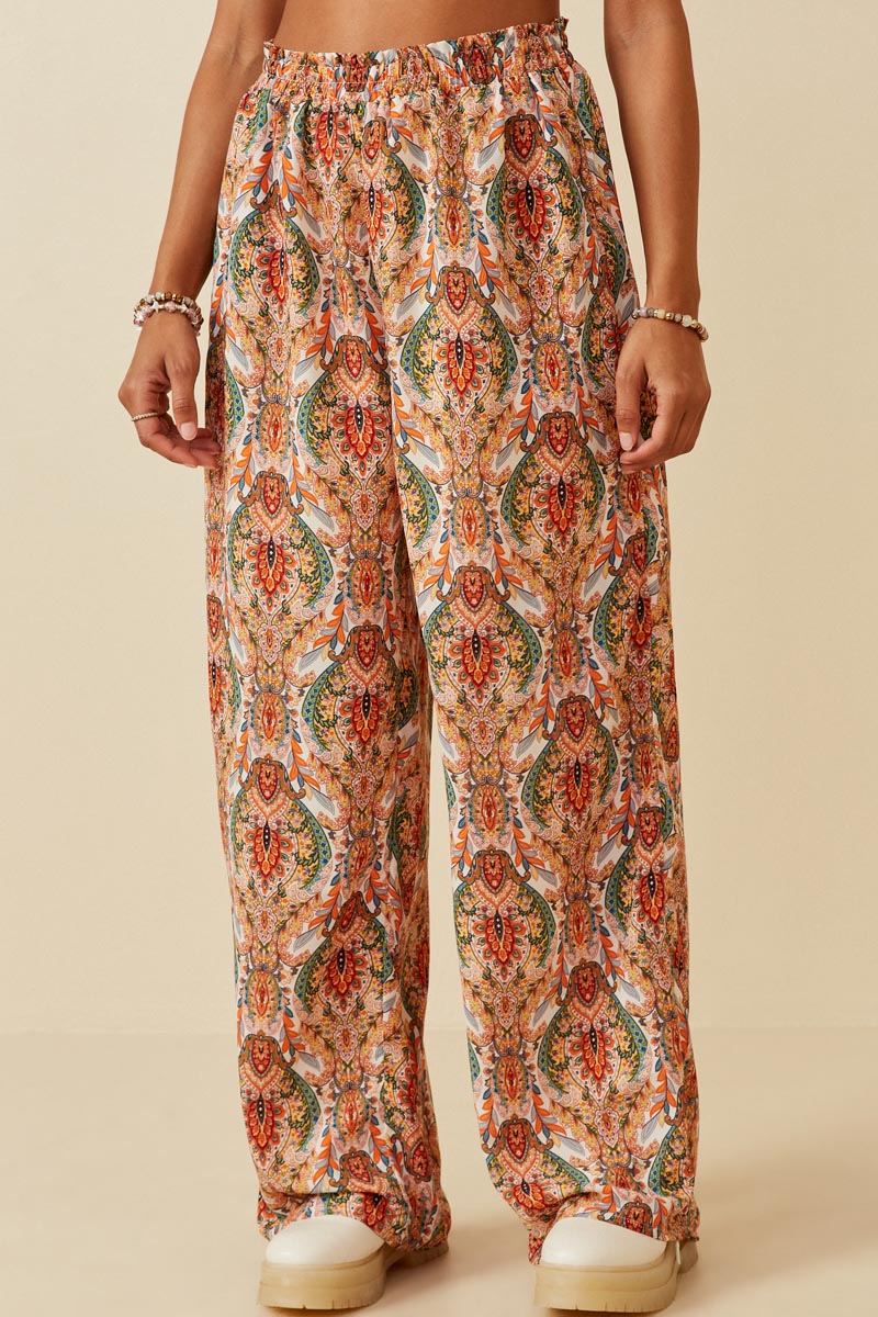 Smock Waist Paisley Print Wide leg Pants