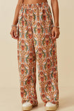 HK1595 ORANGE MIX Women Smock Waist Paisley Print Wide leg Pants Front