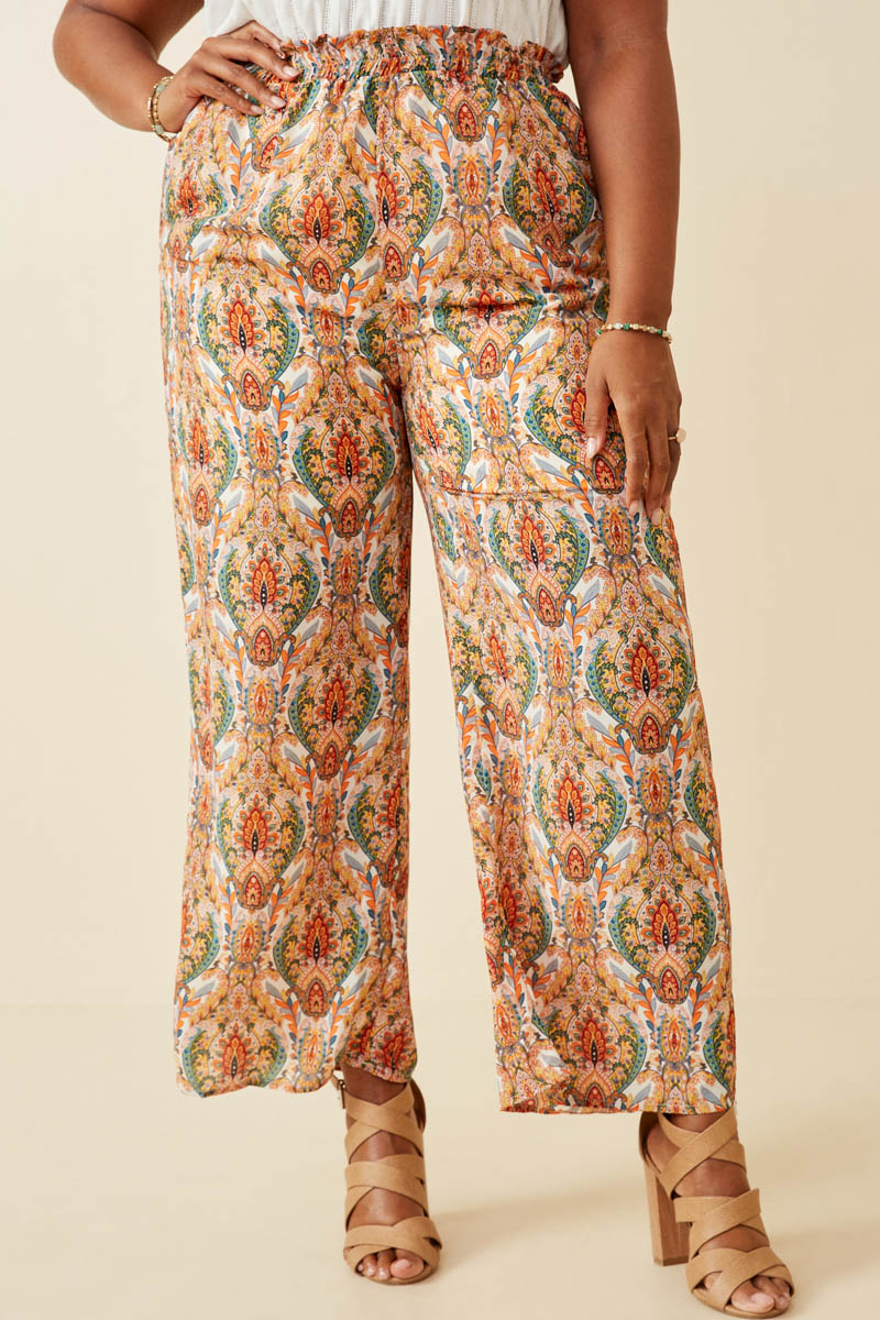 Smock Waist Paisley Print Wide leg Pants