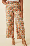 HK1595 ORANGE MIX Women Smock Waist Paisley Print Wide leg Pants Side