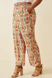 HK1595 Orange Mix Women Smock Waist Paisley Print Wide leg Pants Side