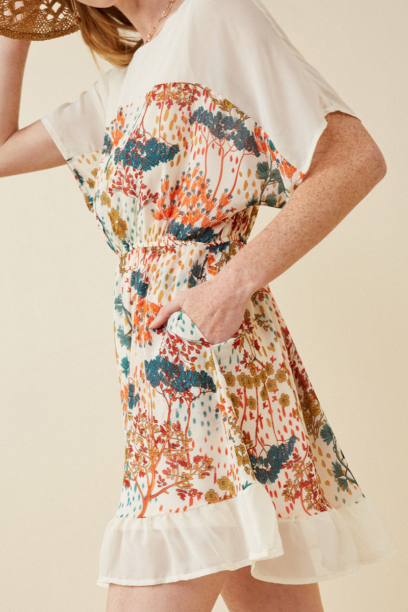 HK1597W IVORY Plus Contrast Tree Print Dolman Sleeve Dress Front