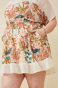 HK1597 IVORY Women Contrast Tree Print Dolman Sleeve Dress Gif