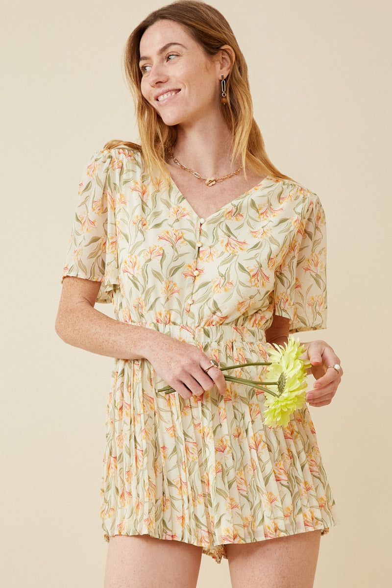HK1635W Yellow Plus Floral Tie Back Pleated Leg Chiffon Romper Back