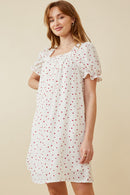 HK1689 OFF WHITE Womens Ditsy Hearts Square Neck Puff Sleeve Dress Back