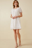 HK1689 Off White Plus Ditsy Hearts Square Neck Puff Sleeve Dress Front