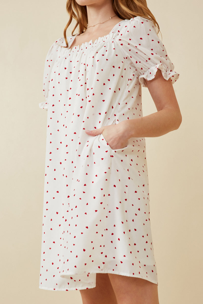 HK1689W Off White Plus Ditsy Hearts Square Neck Puff Sleeve Dress Side