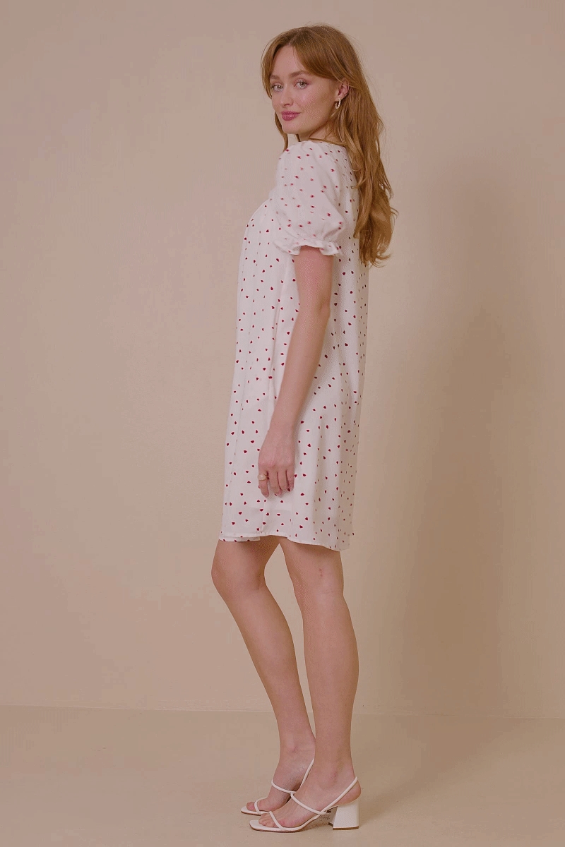 HK1689 Off White Plus Ditsy Hearts Square Neck Puff Sleeve Dress Front