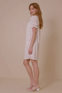 HK1689 Off White Plus Ditsy Hearts Square Neck Puff Sleeve Dress Front