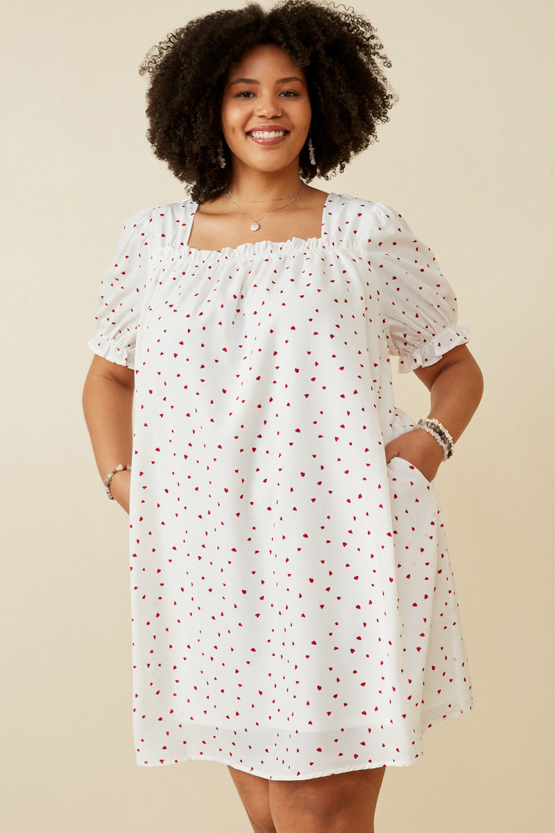 Ditsy Hearts Square Neck Puff Sleeve Dress