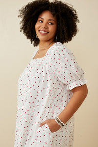 HK1689 OFF WHITE Womens Ditsy Hearts Square Neck Puff Sleeve Dress Full Body