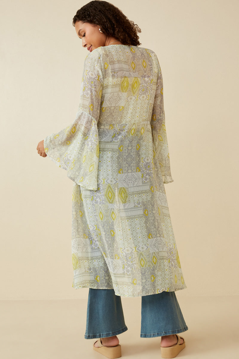 HK1701W Sage Plus Sheer Patch Print Chiffon Tie Duster Side