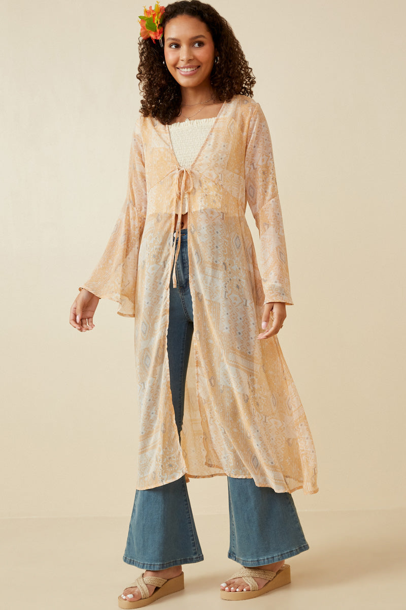 Sheer Patch Print Chiffon Tie Duster