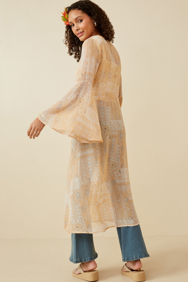 HK1701W Tan Plus Sheer Patch Print Chiffon Tie Duster Back