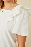 HK1736 OFF WHITE Womens Lace Trimmed Wide Ruffle Detail Top Gif