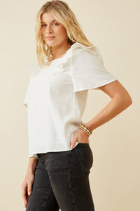 HK1736 OFF WHITE Womens Lace Trimmed Wide Ruffle Detail Top Detail