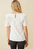 HK1736 OFF WHITE Womens Lace Trimmed Wide Ruffle Detail Top Side