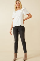 HK1736 OFF WHITE Womens Lace Trimmed Wide Ruffle Detail Top Back