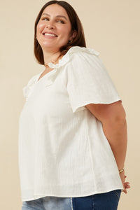 HK1736 OFF WHITE Womens Lace Trimmed Wide Ruffle Detail Top Full Body