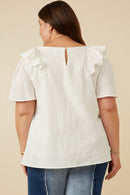 HK1736W OFF WHITE Plus Lace Trimmed Wide Ruffle Detail Top Gif
