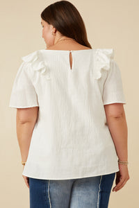 HK1736W OFF WHITE Plus Lace Trimmed Wide Ruffle Detail Top Gif