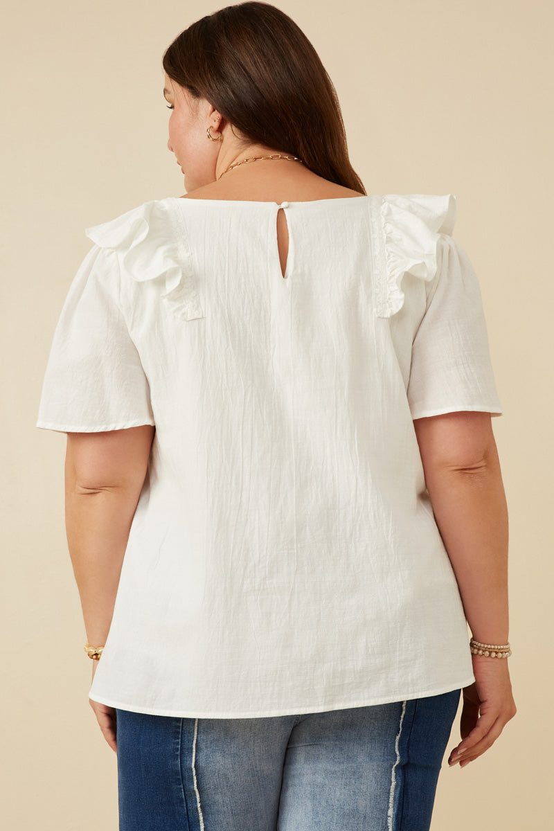 HK1736W OFF WHITE Plus Lace Trimmed Wide Ruffle Detail Top Gif