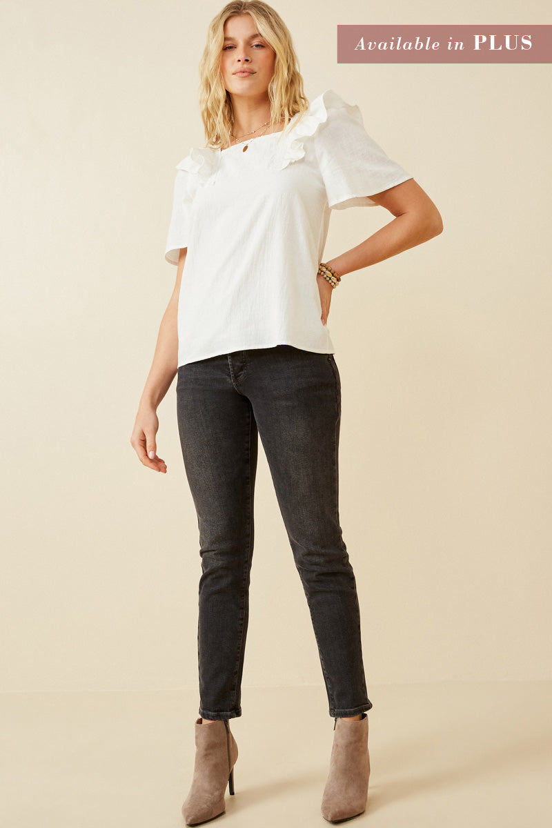 HK1736W OFF WHITE Plus Lace Trimmed Wide Ruffle Detail Top Back