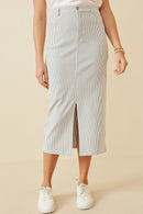 HK1749 WHITE Women Stretch Pinstripe Front Slit Skirt Back