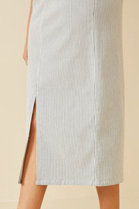 HK1749W White Plus Stretch Pinstripe Front Slit Skirt Front