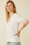 HK1754W IVORY Plus Smock Detail Button Down V Neck Dress Front