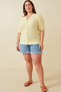 HK1754W IVORY Plus Smock Detail Button Down V Neck Dress Full Body