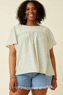 HK1779W Sage Plus Paisley Print Flutter Sleeve Top Front