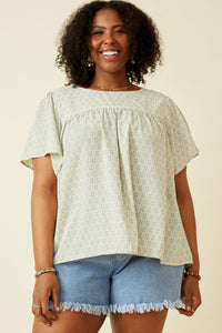 HK1779W Sage Plus Paisley Print Flutter Sleeve Top Front