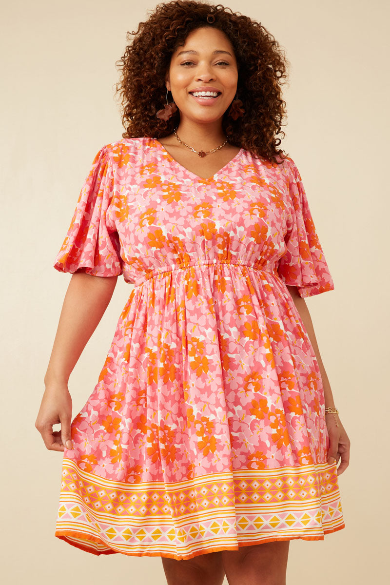 Womens Bordered Hem Floral Print V Neck Dress