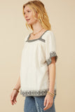 HK1809 Off White Womens Cotton Slub Textured Embroidered Square Neck Top Full Body