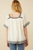 HK1809 Off White Womens Cotton Slub Textured Embroidered Square Neck Top Side