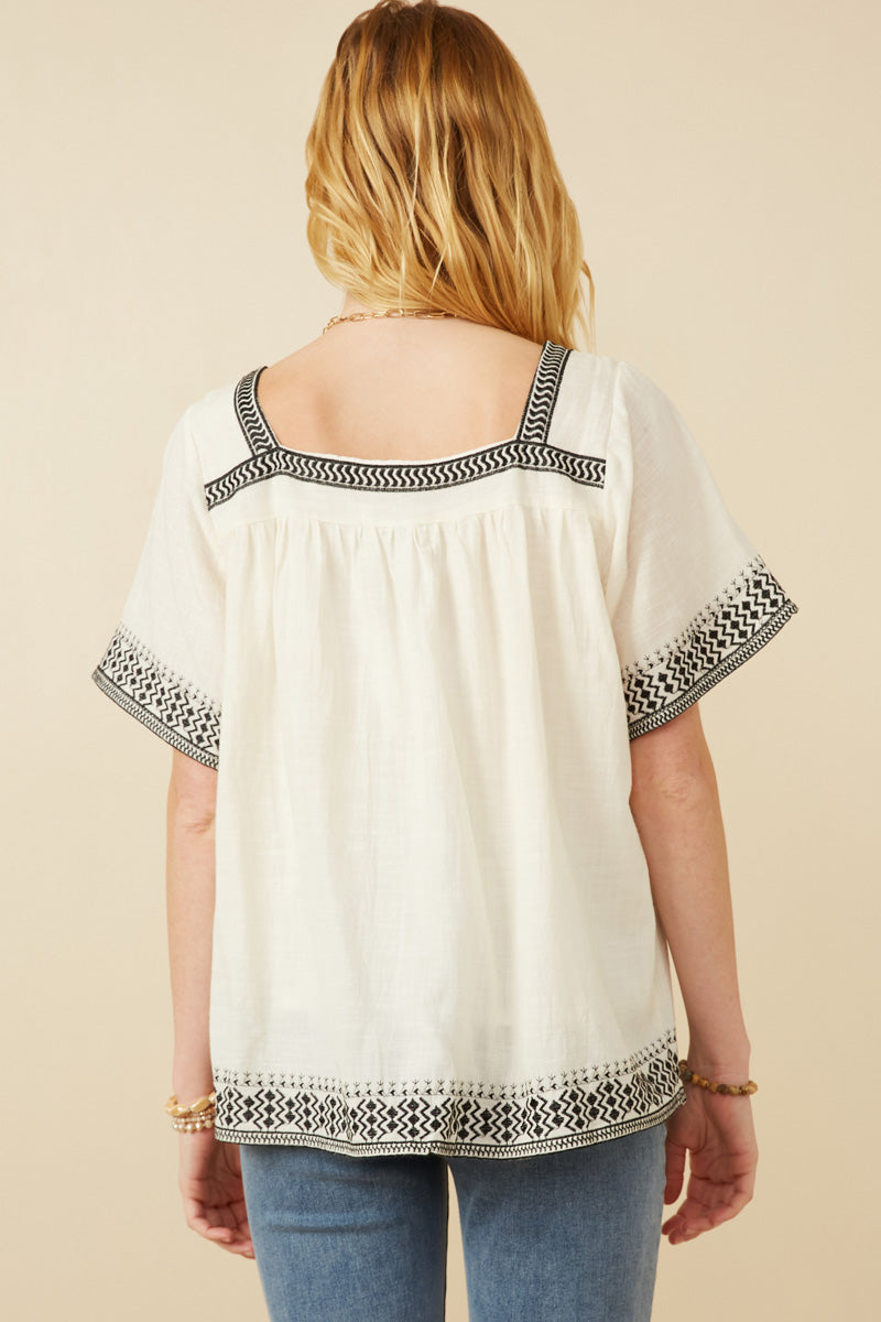 HK1809 Off White Womens Cotton Slub Textured Embroidered Square Neck Top Side
