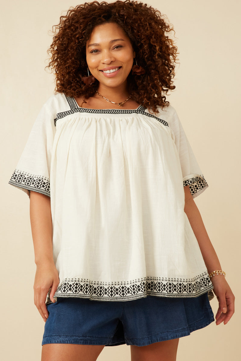 Cotton Slub Textured Embroidered Square Neck Top