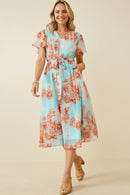 HK1829 Light Blue Womens Floral Button Detail Belted V Neck Dress Full Body