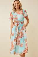 HK1829 Light Blue Womens Floral Button Detail Belted V Neck Dress Front